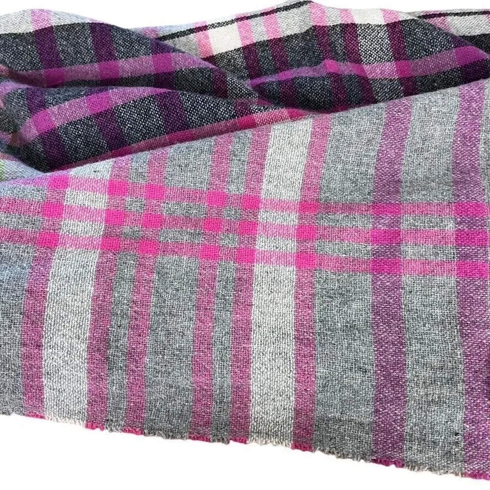 Talbots Womens Gray Pink Green Plaid Wool Fringe Scarf Wrap Warm Winter 54x58